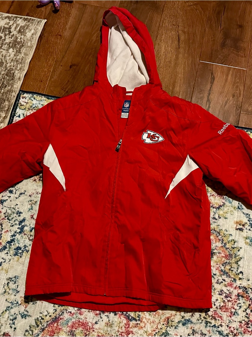 KC Chiefs Reebok Red Hooded On Field Jacket with White Accents